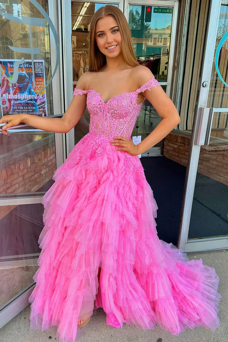 A Line Off the Shoulder Charming Pink Tiered Tulle Prom Dress